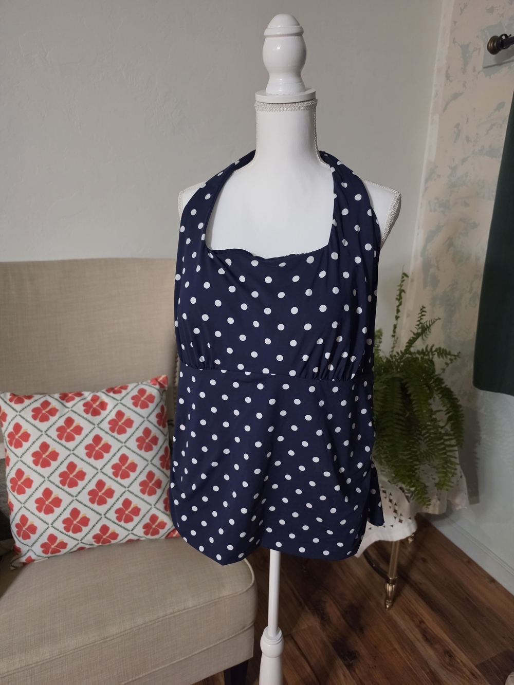 Lands' End Navy and White Polka Dot Halter Swim Top 2X